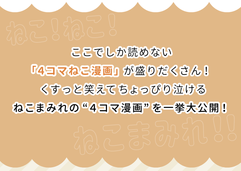 ねこまみれ！にゃんコマ漫画とは？ねこ！ねこ！ねこまみれ！ここでしか読めない「４コマねこ漫画」が盛りだくさん！くすっと笑えてちょっぴり泣けるねこまみれの“４コマ漫画”を一挙大公開！